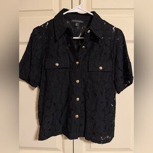Saks Fifth Avenue women’s small Black Lace Shirt with Gold Buttons